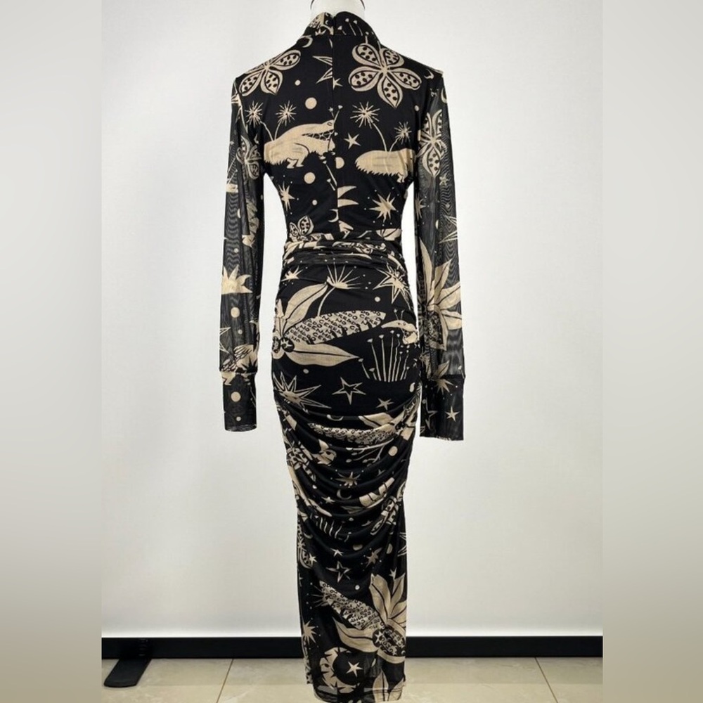Farm Rio Black, Cream Patterned Midi Dress Cerrado Sky Tule Flattering, Ruching - Picture 3 of 3